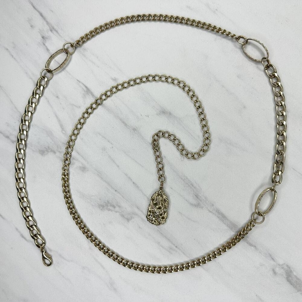 Rhinestone Bird Floral Charm Gold Tone Chain Link Belt One Size (OS) ✨